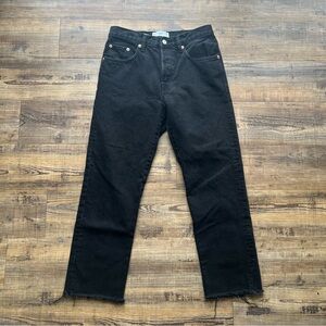 MNG Havana Women’s Black High Rise Straight Leg Button Fly Jeans Frayed Hem Sz 4